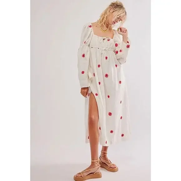 Free People Emory Embroidered Midi Dress White/Red S/P A001147 - Picture 1 of 11